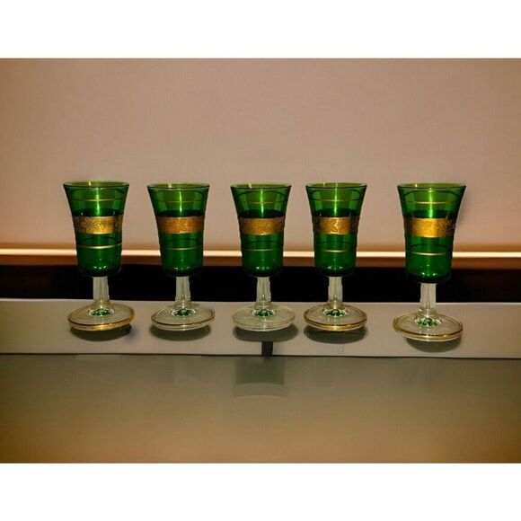 Vintage Green And Gold Italian Decanter And 5 Glasses Stunning! - Picture 3 of 6